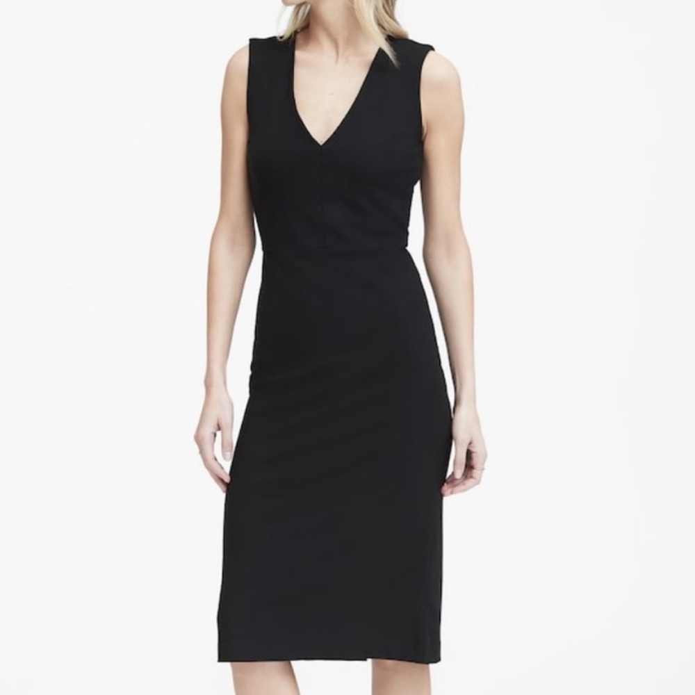 Banana Republic Classic Black V Neck Ponte Sleeveless Sheath Midi Dress